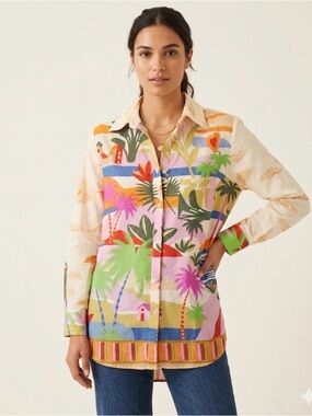 Vibrant Tropical Button-Up Coverup Shirt in Multi-Color